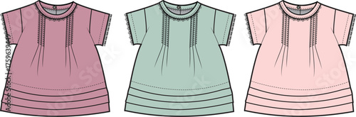 Flat sketches of charming short-sleeve baby dresses with delicate pleats and gathers, presented in a trio of soft pastel shades for infant apparel design and fashion illustration
