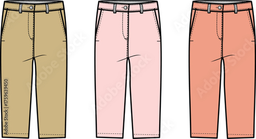 Set of women's cropped trousers in different colors. Fashion technical flat vector illustration for apparel design