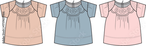 Women's summer blouse fashion flat sketch collection. Short sleeve top with embroidered yoke and gathered neckline, apparel design vector template in three colors