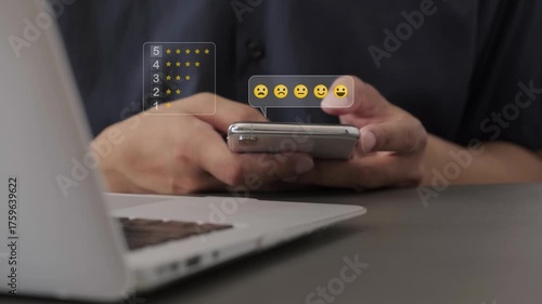 customer satisfaction review using smartphone and laptop with emoji star rating feedback system for digital experience evaluation in modern technology