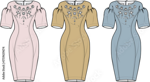 Sophisticated women's dress designs in a trio of soft colors, highlighted by intricate beaded necklines and stylish puff sleeves, offering a timeless fashion concept for elegant occasions