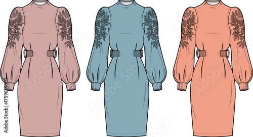 Elegant vector illustrations of three fashionable dresses in diverse colors for design or fashion