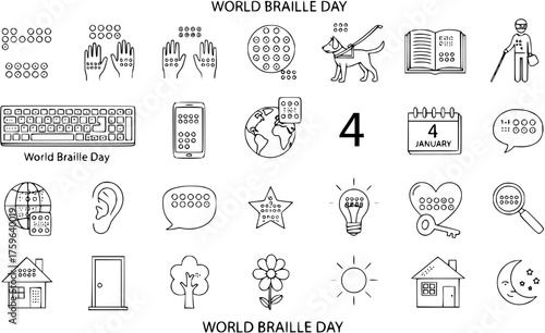 World Braille Day line art icons set for accessibility, visual impairment awareness, and inclusive communication doodles