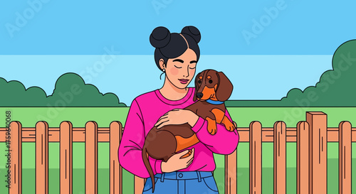 Woman Cuddling a Dachshund Pet Owner Embracing Her Adorable Dog in a Garden Setting