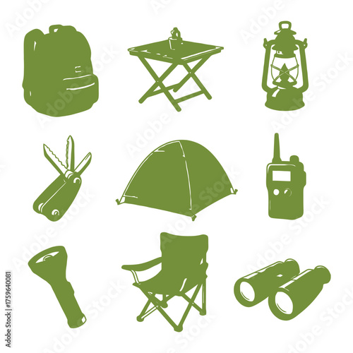 Outdoor camping gear essentials collection backpack tent lantern chair binoculars tools