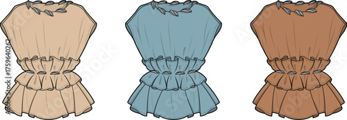 Elegant women's ruffle blouses in a harmonious trio of earthy and cool tones, showcasing detailed neckline embroidery and tiered fabric design for versatile fashion appeal