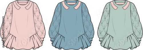 Collection of children's smock dresses with quilted long sleeves and a Peter Pan collar, presented as a fashion flat sketch template