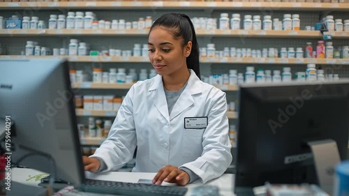 Focused Female Pharmacist Using Computer for Prescription Management in a Modern Pharmacy Setting