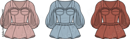 Elegant vector illustrations of women's blouses, featuring a corset-style top with puff sleeves and ruffled detailing, in three colors for fashion design