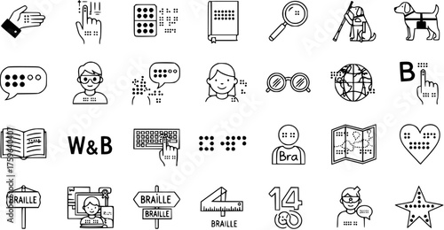 Braille and Blindness Accessibility Line Icons Set: Visual Impairment Reading, Writing, and Communication Tools Collection