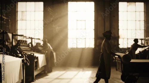 Silhouetted workers in a factory with large windows, light rays, and manufacturing machines