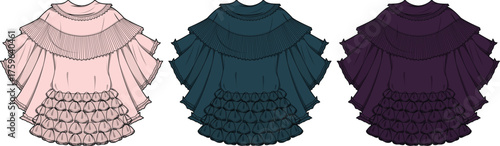 Elegant flat sketch of women's fashion tops featuring tiered ruffles and draped capes in a palette of soft pink, deep teal, and rich purple, showcasing versatile garment design