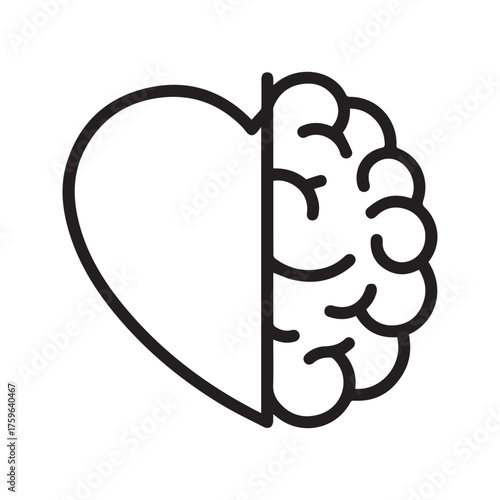 Heart and brain connected icon. Symbol of emotional intelligence, logic, and feelings balance. Simple line vector illustration.
