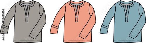 Illustrated collection of three versatile long-sleeved casual tops, including shades of grey, warm peach, and cool blue, designed for comfortable everyday wear and easy styling