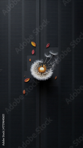Minimalist Dark Locker Wall With Dandelion Seed Head And Autumn Leaves — Decorative Flatlay