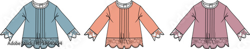 Three blouses in different colors blue, peach, and pink, showcasing elegant detailing like pleats and lace trims on the cuffs and hem