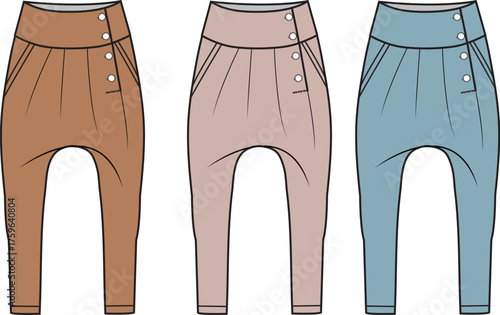Fashionable high-waisted harem pants vector graphic, trendy apparel design
