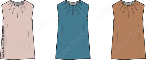 Vector fashion flats a set of three sleeveless women's blouses with elegant gathered necklines, presented in different colors. Perfect for apparel design and clothing catalog use