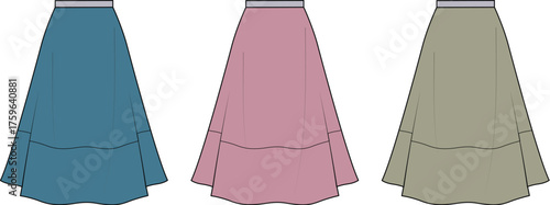 Feminine Apparel Design concept with a collection of long, flared skirts featuring a ruffled tier, presented as a technical fashion flat vector illustration