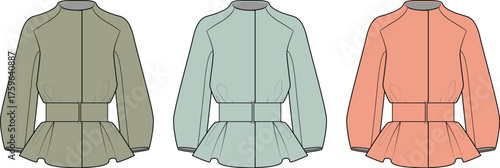 Stylish flat fashion illustration of three women's peplum blouses in a modern color palette, including muted olive, soft mint, and warm coral, perfect for apparel design projects