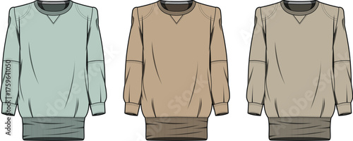 Collection of women's oversized raglan sleeve tunic sweatshirts shown in a flat sketch. Apparel design vector fashion template