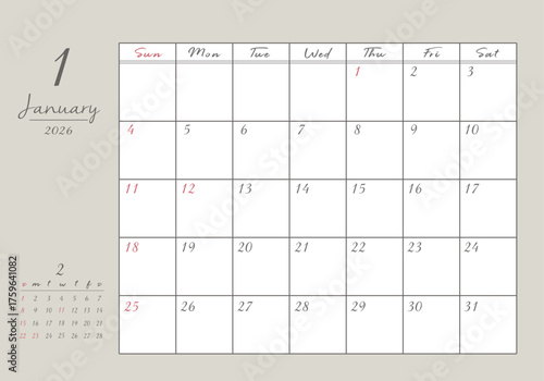 2026年 1月 おしゃれ書き込みカレンダー