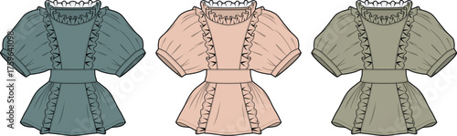 Fashion illustrations of dresses in different colors, showing the design and style for clothing apparel