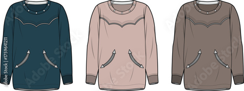 Women's long-sleeve pullover tunic concept. Technical flat sketch with western yoke stitching and unique slanted pockets. Blue, pink, brown versions for fashion apparel development