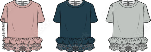 A set of women's short sleeve t-shirt dresses with a peplum ruffle and lace trim hem. Fashion design technical flat sketch vector illustration