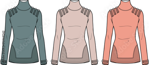 Fashionable long-sleeved tops in three distinct colorways, showcasing a stylish design with shoulder detailing