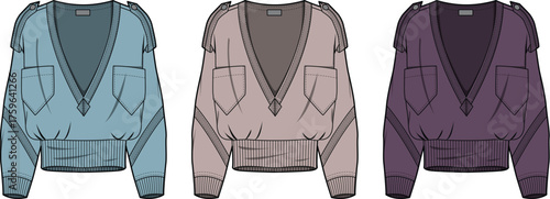 Set of Stylish V-Neck Blouses with Pockets Fashionable Apparel Designs