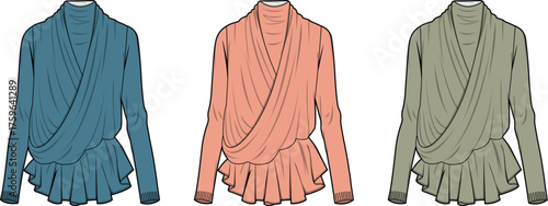 Fashionable draped wrap tops in blue, peach, and grey showcasing elegant design and versatility for modern wardrobes