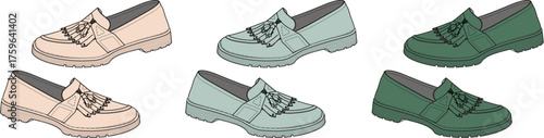 Set of colorful fashion loafers for women. Vector illustration of classic slip-on tassel shoes in various colors, isolated on a white background