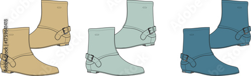 Flat design ankle boots in three versatile colors warm beige, light blue, and deep teal. Each boot features a stylish buckle, ideal for fashion concepts and illustrations