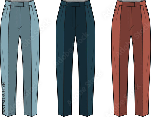 Collection of women's high-waisted trousers in different colorways. Flat technical sketch vector illustration for fashion design and apparel templates