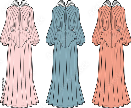 Elegant vintage style long dress with bishop sleeves and high neck collar, presented as a fashion vector illustration and technical flat drawing template set