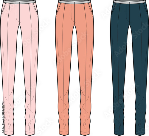 Vector fashion flat sketches of women's modern tapered casual trousers. Three activewear pants in varied colors, ideal for athleisure and comfortable everyday wear