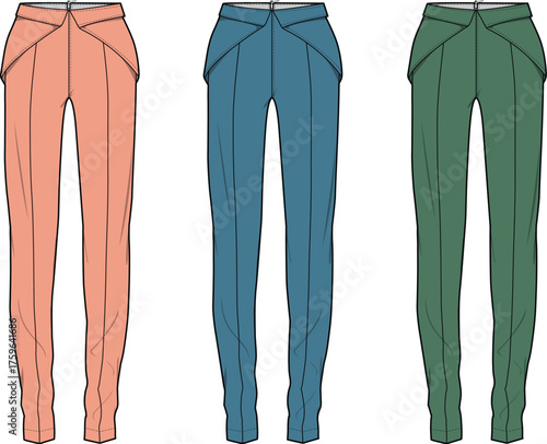 Fashion forward design of colorful tailored pants, showcasing modern styles with unique details