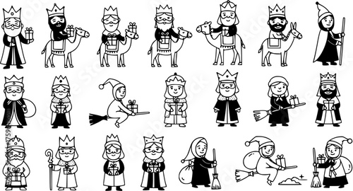 Cartoon outline set of Three Wise Men (Magi) and Befana characters with gifts, riding camels and brooms, depicting traditional Christmas and Epiphany holiday illustrations.