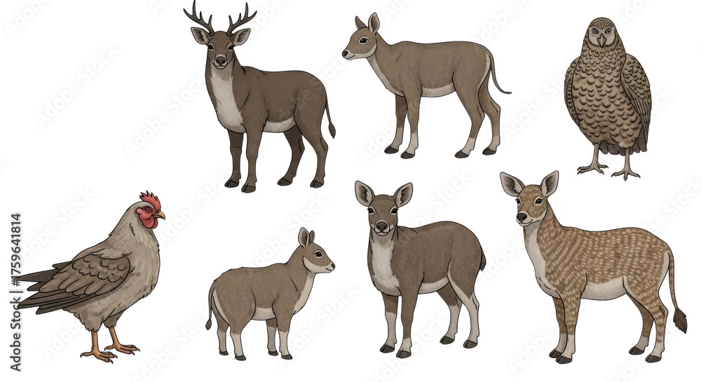 Obraz premium Diverse Fauna Illustration: A detailed illustration showcasing a variety of animals, with a focus on deer and other wildlife, ideal for educational or decorative purposes.