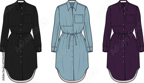 Women's shirt dress fashion flats. Long-sleeve button-down style with drawstring waist, pockets, and high-low hem. Black, blue, purple options for apparel design concepts