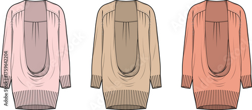 Three draped cowl neck sweater tops in different pastel shades of pink and peach, presented as flat fashion sketches