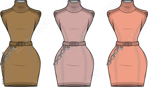 Fashion illustration of three different colored turtleneck dresses with chain belts