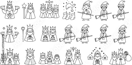 Epiphany and Christmas Line Art Set: Three Kings (Magi) with gifts, camels, and stars, plus Befana characters with brooms and sacks. Cartoon outline illustrations, perfect for coloring pages.