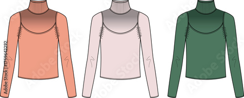 Set of three women's long sleeve turtleneck tops with yoke detail in multiple colorways. Fashion flat sketch vector illustration template