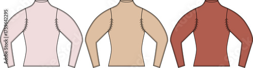 Vector illustration of three nude colored long sleeve turtleneck tops from the back, representing different skin tones for fashion and diversity concepts