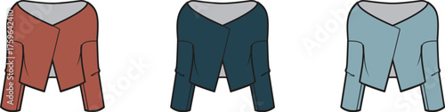 Collection of stylish open-front jackets in three color variations, a vector apparel technical flat illustration for fashion design