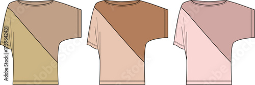 Asymmetrical color-block t-shirts in various shades of brown and pink, showcasing modern fashion design and casual wear