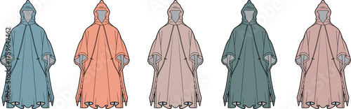 A stylish array of diverse hooded ponchos, showcasing a conceptual design with variations in soft, muted color palettes, ideal for modern outerwear fashion concepts and apparel collections