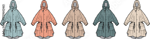 Fashionable collection of identical hooded raincoats in a diverse palette of five contemporary colors, showcasing versatile outerwear designs suitable for various styles and seasons